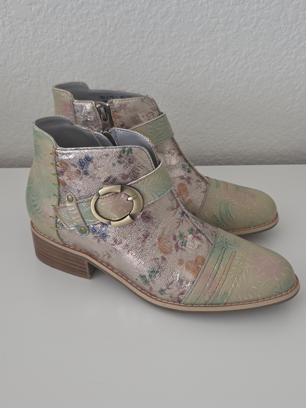 L'ARTISTE Pastel Floral Metallic Ankle Booties